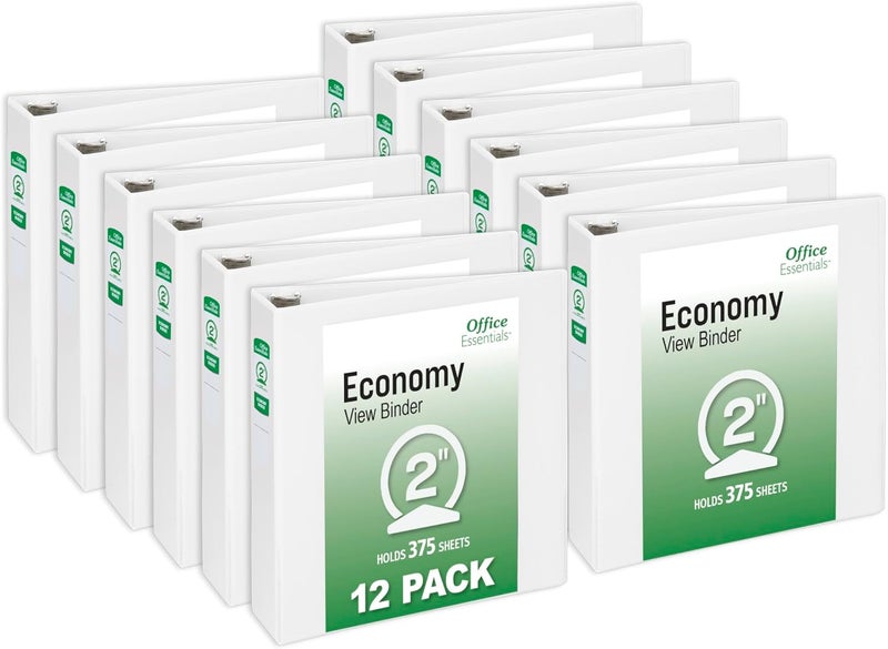 Office Essentials Economy View 3 Ring Binders, 2" Round Rings, 2.8" Spine, 375-Sheet Capacity, White Binders (12-Pack of 03428) - Image 1